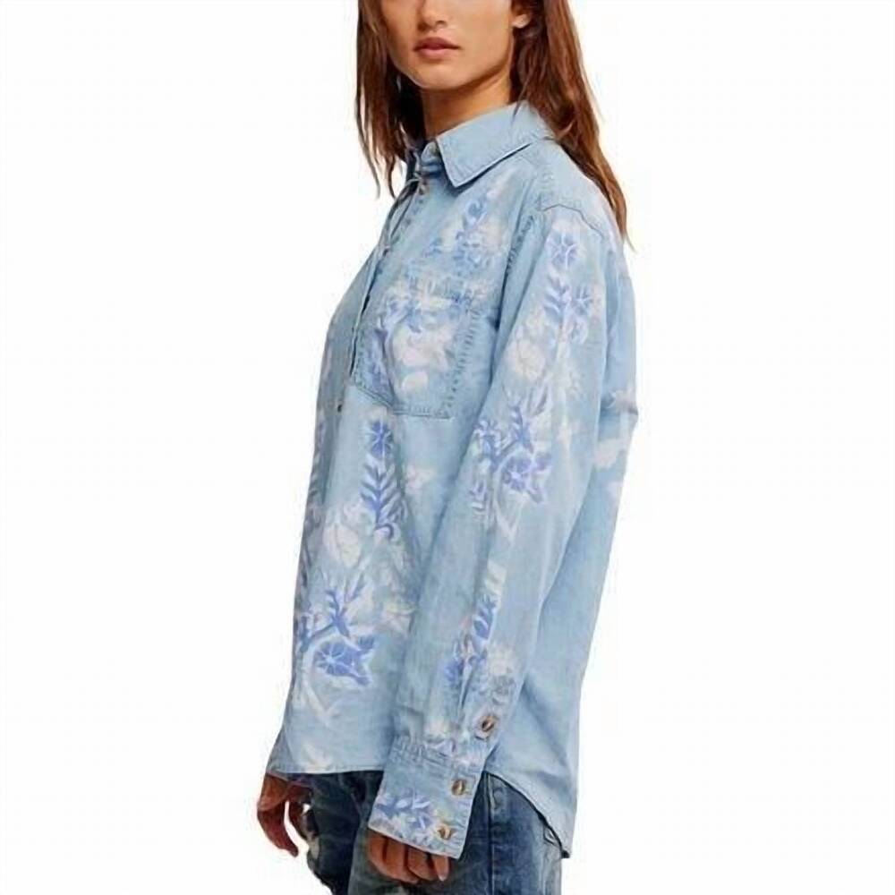 NEW FREE PEOPLE airbrushed blossom denim shirt in sky blue - Picture 3 of 6